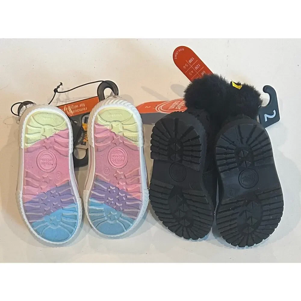 2 pr of Wonder Nation Baby Girl Boots, Size 2 Infant Black Cat, Silver High Top